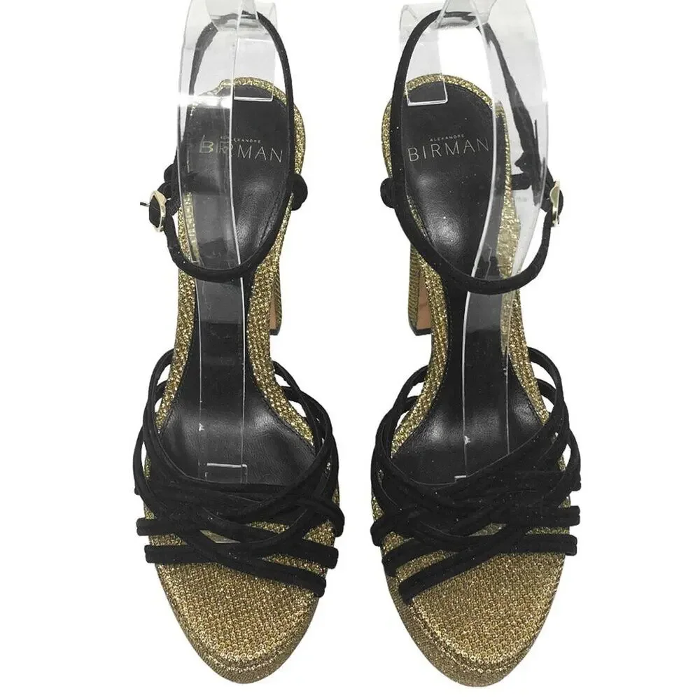 Alexandre Birman Platform Sandals‎ Black Suede Gold Metallic Size 37/ US 7